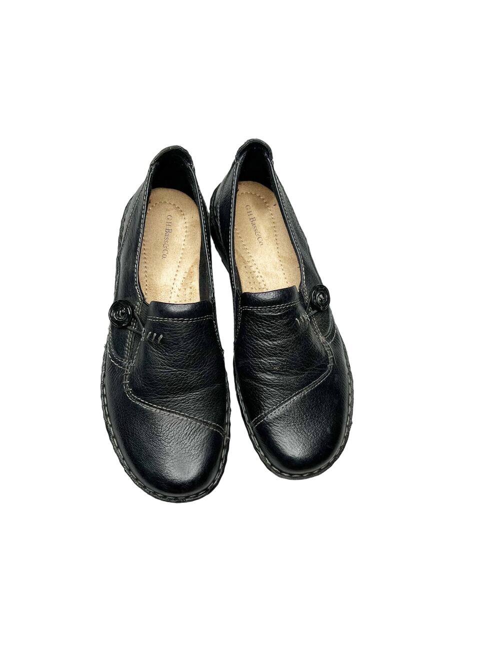 G.H. Bass & Co. Bradshaw Loafers Shoes Black Leather Slip-On Round Toe Sz 7 W